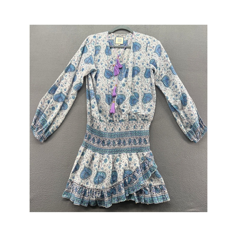 Bell by Alicia Bell Dress Blue Paisley Block Print Smocked Mini Purple Tassels L